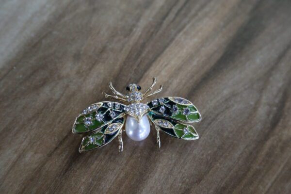 Green Bee Brooch With Pearl